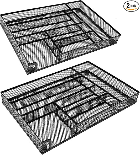 2-Pack Metal Mesh Desk Drawer Organizer Tray Set, 6-Compartment Office Drawer Organizer for Pens Supplies, 12.6"x8.27"x1.57" Black