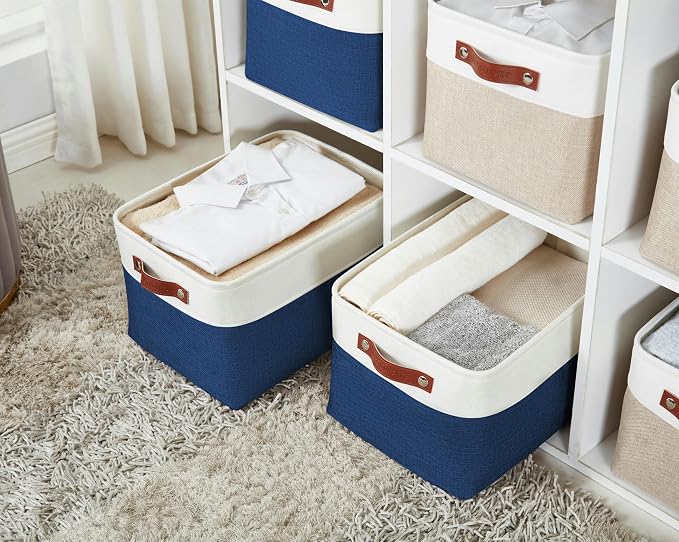 DECOMOMO Storage Bins, Large Fabric Storage Baskets for Shelves, Decorative Linen Closet Organizer, 15 x 11 x 9.5 inches (Navy Blue & White, 3 Pack)