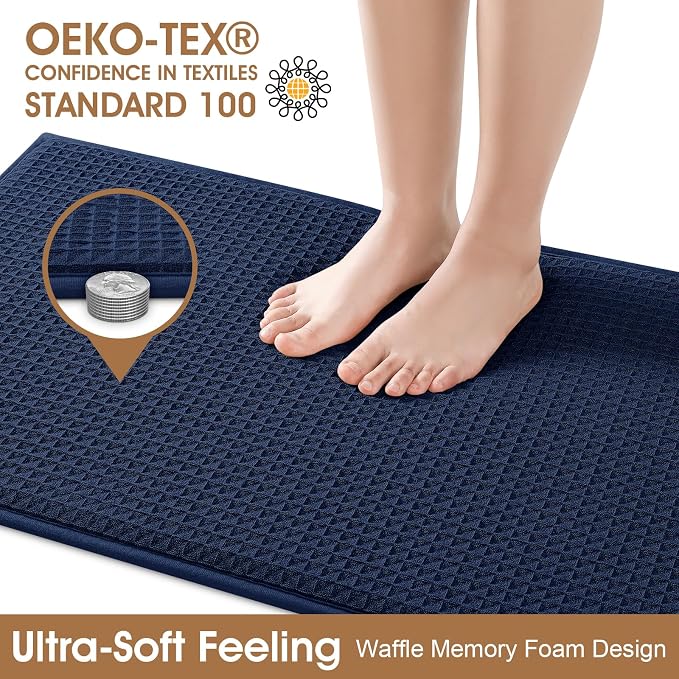Memory Foam Bath Mat Set 3 Piece, Ultra Soft Absorbent Waffle Bathroom Rugs, Super Non-Slip PVC Backing Bath Rug Quick Dry, Machine Washable Rug for Tub, Shower, Home Decor Accessory, Navy Blue