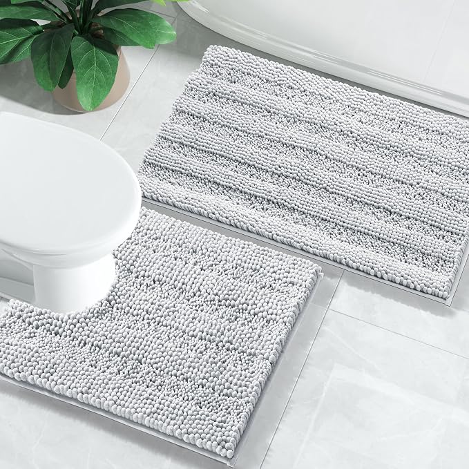 Yimobra U Shaped Toilet Rug Set, Absorbent Chenille, 24x17+24x20, Silver Gray