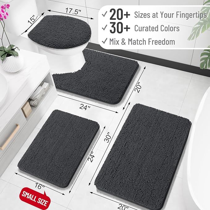 OLANLY Toilet Rugs U-Shaped 24x20, Soft Absorbent Chenille Contour Rugs | Dark Grey, Quick-Drying Rubber Backing, Machine Washable Non-Slip Shaggy Bathroom Mat for Toilet, Home Decor Accessories
