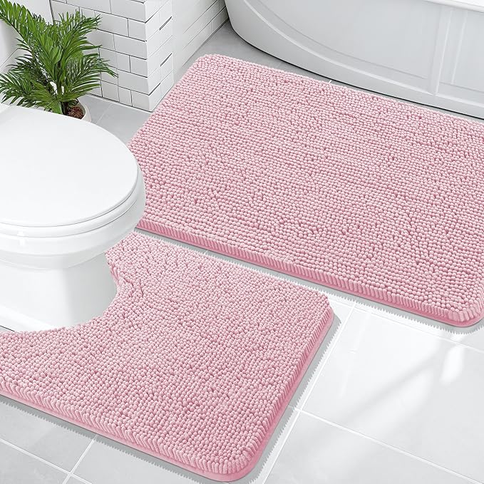 OLANLY Chenille Bathroom Rugs Mats Set 2 Piece, 36"x24"+24"x20", Dusty Rose | Soft Absorbent Bath Mat and U-Shaped Contour Toilet Rug Set, Quick Dry, Machine Washable Bath Carpet, Home Decor Accessories