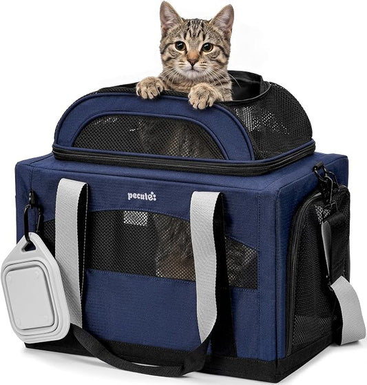 Pecute Cat Carrier, Top Expandable Dog Crate for Travel, Blue | 5mm Anti-Collapse Steel Frame, Soft Mesh, Vet Visits, Foldable Travel Crate,Outdoor Hammock, Leakproof Pee Pad & Bowl