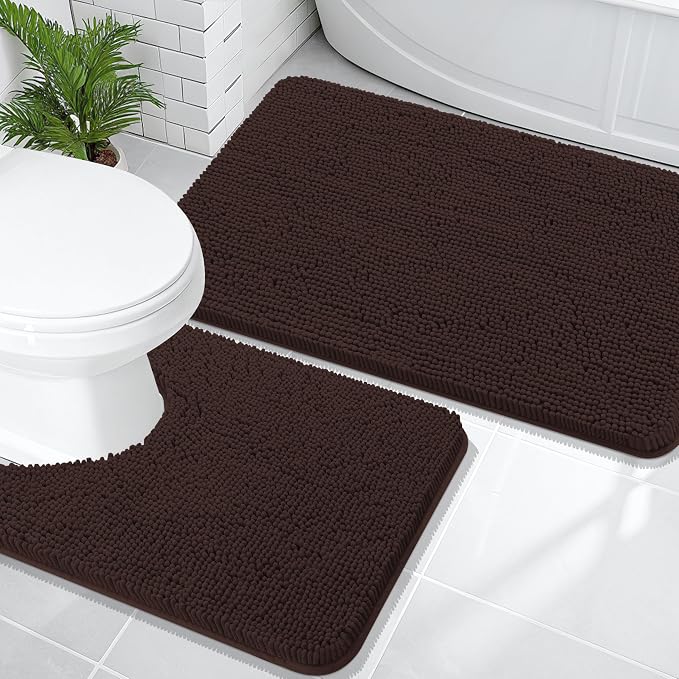 OLANLY Chenille Bathroom Rugs Mats Sets 2 Piece, 36"x24"+24"x20", Brown | Soft Absorbent Bath Mat and U-Shaped Contour Toilet Rug Set, Quick Dry, Machine Washable Bath Carpet, Home Decor Accessories