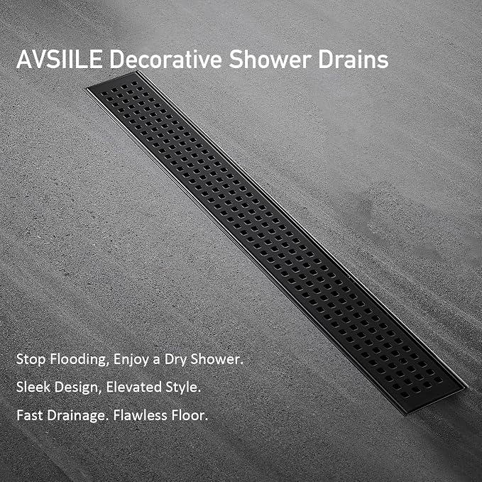 AVSIILE Linear Shower Floor Drain, Matte Black 48 Inch 304 Stainless Steel Bathroom Drains Kit, Long Rectangular Shower Trench Drain with Square Pattern Drain Cover & Hair Catcher