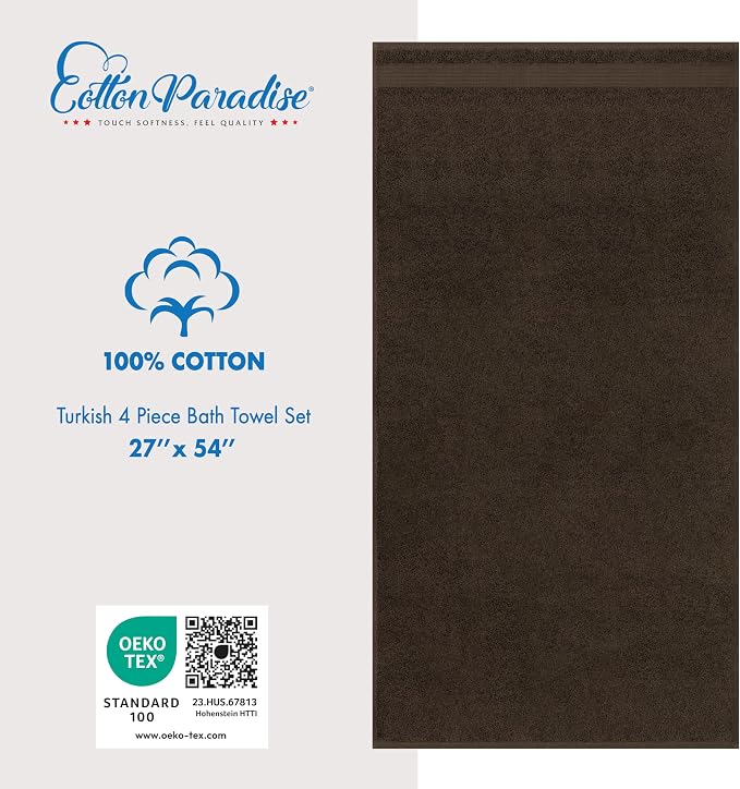 Cotton Paradise 100% Cotton Turkish Towel Set, Soft Absorbent Quick Dry, 4 Piece Bath Towel Set, Chocolate Brown