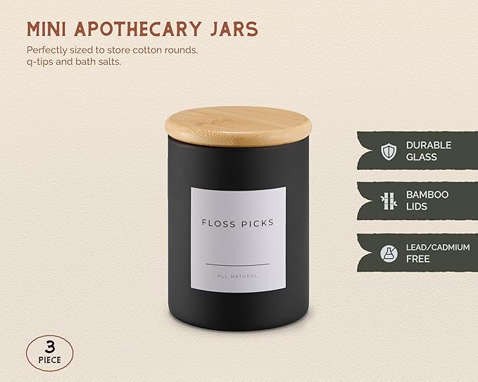 Mini Glass Apothecary Jars with Bamboo Lids, Small Bathroom and Kitchen Storage Containers, For Cotton Balls, Pads and Swabs, 10 oz, Set of 3 (Matte Black)