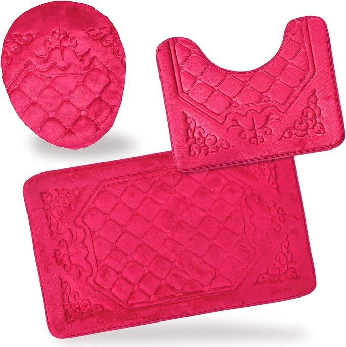 All American Collection 3PC Memory Foam Bath Mats Soft Plush Crown Design Anti-Slip Shower Bathroom Contour Toilet Lid Cover Rugs (HOT Pink)
