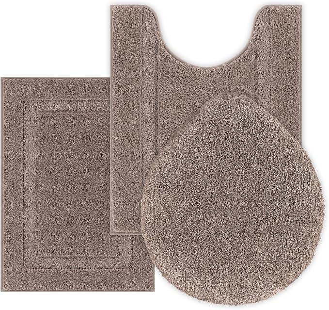 SHACOS Microfiber Bathroom Rugs Set of 3 with Toilet Lid Cover Non Slip | Washable Bath Mat Absorbent Bathroom Carpet 16"x24"+U Shape Toilet Rug 20"x24"+Toilet Lid Cover 19"x21", Coffee
