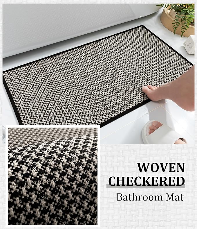 YIHOUSE Thin Bath Mat Black Bathroom Rugs Sets 5 Pieces, Non Slip Absorbent Bath Mats Quick Dry, Woven Braided Rugs Washable, Bathroom Toliet,Bathtub