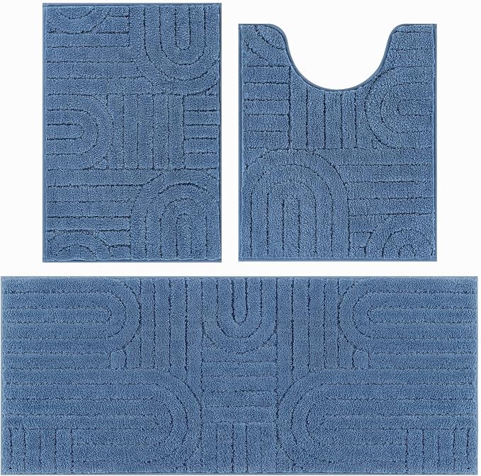 Vaukki Blue Bathroom Rugs Sets 3 Piece, 48x20+26x18+24x20 Inch | Washable Non Slip Soft Bath Mats for Shower and Tub, Plush Absorbent Microfiber Toilet Rug U Shaped