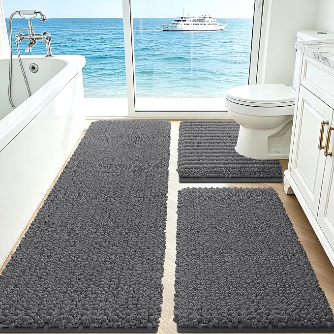 ACCUMTEK Upgrade Extra Large Grey Bathroom Rug Set 3 Pieces Gray Ultra Soft, Thick Absorbent Bath Mats, Non Slip Chenille Toilet Mat for Bathroom, Bedroom, Kitchen, Charcoal