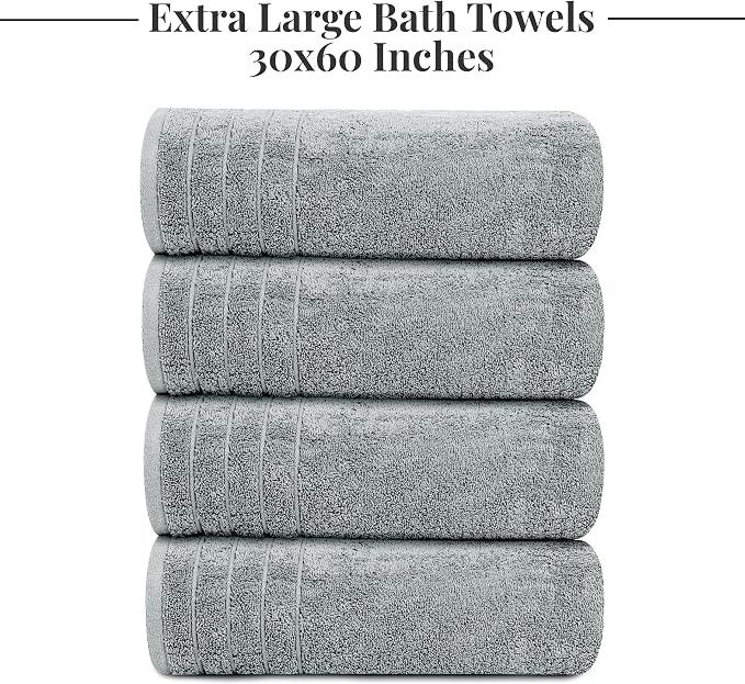 4 Piece Extra Large Bath Towels 30 x 60 Inches, Cool Grey | 100% Cotton, Larger & Lighter Weight, Quicker to Dry, Super Soft and Absorbent, Perfect for Bathroom