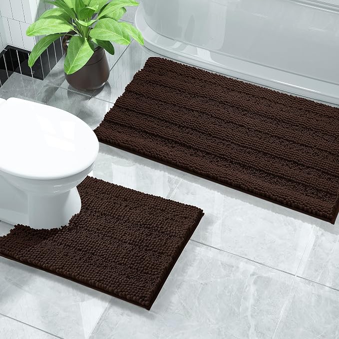 Yimobra U Shaped Toilet Rug Set, Absorbent Chenille, 32x20+24x20, Brown | Non Slip Machine Washable Quick Dry Bath Mat Set, Soft Plush Shower Rugs for Bathroom Floor Sink Tub and Shower Outside