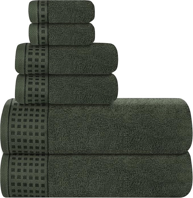 GLAMBURG 100% Cotton Ultra Soft 6 Pack Towel Set, Contains 2 Bath Towels 28x55 Inches, 2 Hand Towels 16x24 Inches & 2 Wash Coths 12x12 Inches, Compact Absorbent Lightweight & Quickdry - Olive Green