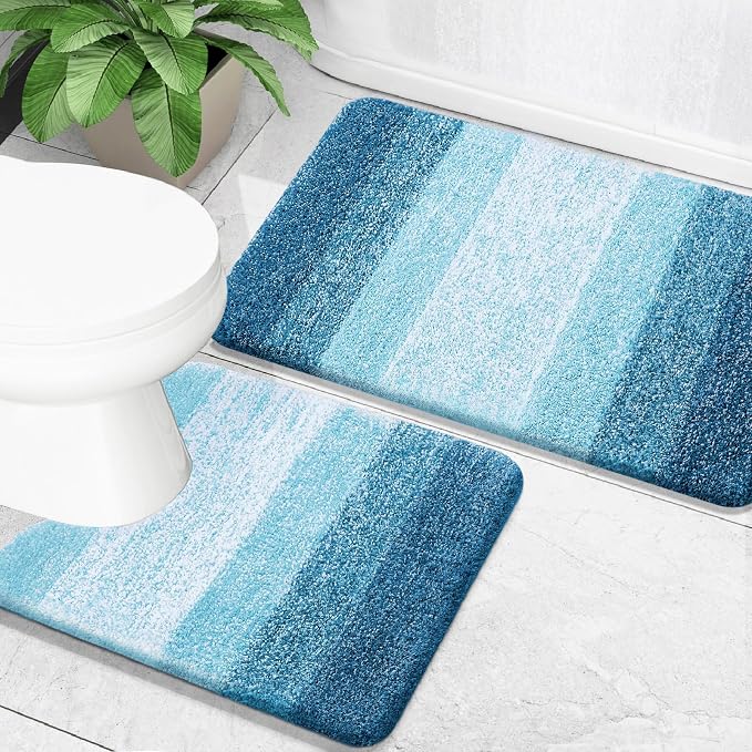OLANLY Micorfiber Bathroom Rug Set 2 Piece, 30"x20"+U-Shaped 24"x20" | Peacock Blue, Soft Absorbent Bath Mats and Contour Toilet Rug, Non-Slip, Machine Wash Dry, Plush Shaggy Bath Mat for Bathroom