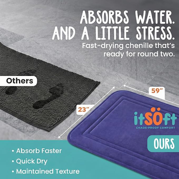 ITSOFT Memory Foam Bath Mat 59x23, Non Slip, Machine Washable, Quick Dry & Absorbent Rugs, Bath Mats for Bathroom Floor, Tub & Shower, Bathroom Rug, Blue