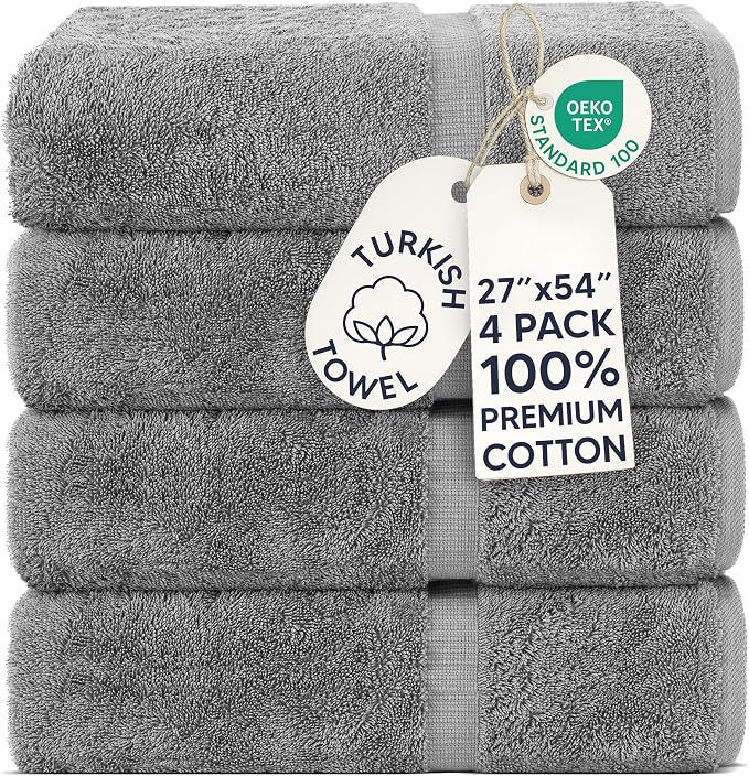 Chakir Turkish Linens 100% Cotton 4-Pack Bath Towels 27x54, Gray | 100% cotton bath towels, set of 4 at 27x54, OEKO-TEX certified, soft plush and absorbent