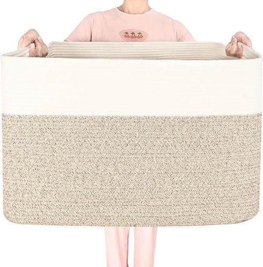 MINTWOOD Design 112L Extra Large Blanket Basket Holder Living Room, 25"x17"x16" Rectangle Rope Woven Storage Basket with Handles for Laundry, Pool Towels, Shoes, Dog Toy Organizer Bin Box, Light Brown