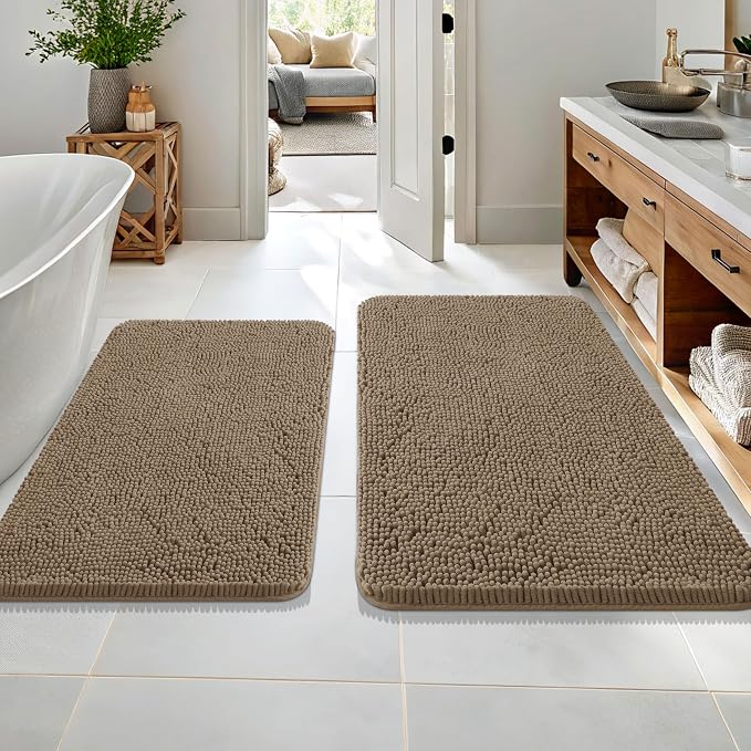 OLANLY Chenille Bathroom Rugs Mats Sets 2 Piece, 36"x24"+30"x20", Tan | Ultra Soft Absorbent Bath Rugs Set, Rubber Backing Non-Slip, Quick Dry, Machine Washable Bath Carpet, Home Decor Accessories
