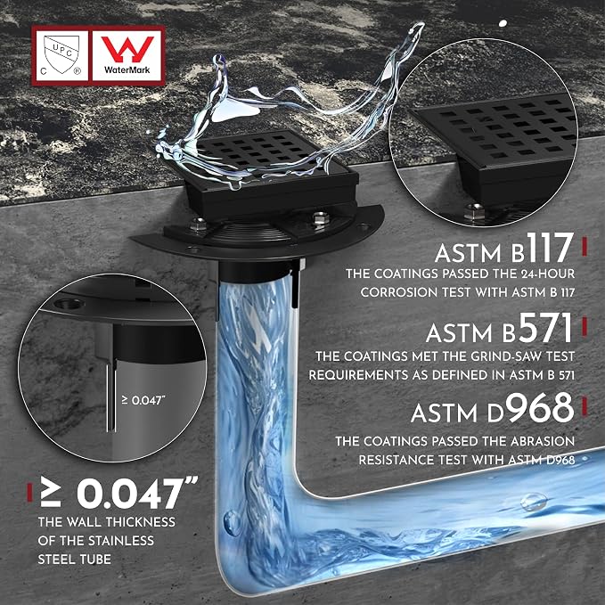 WEBANG 4 Inch Square Shower Drain Black Floor Drain with Flange Square Holes Pattern Cover Grate Removable SUS304 Stainless Steel Watermark&CUPC Certified Matte Black