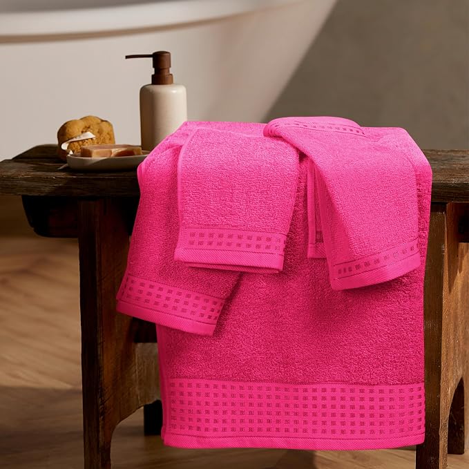 GLAMBURG Ultra Soft 3 Pack Cotton Towel Set, Contains a Bath Towel 28x55 inch, a Hand Towel 16x24 inch & a Wash Coth 12x12 inch, Ideal Everyday use, Compact & Lightweight - Hot Pink
