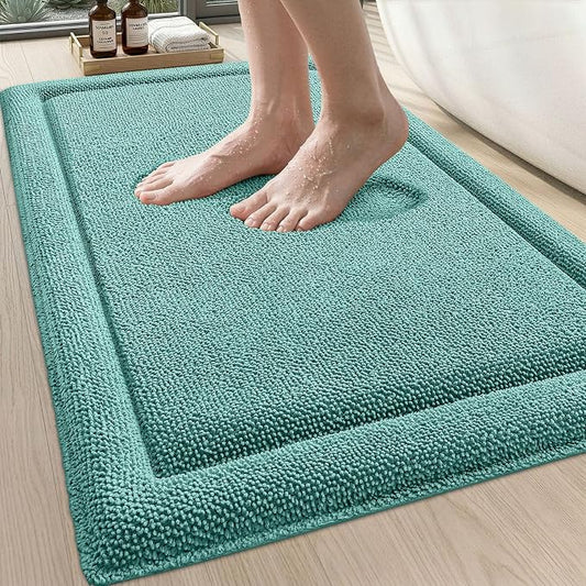 DEXI Memory Foam Bath Mat 32x20, Thick Chenille Bathroom Rug, Teal | Ultra Soft Absorbent, Non Slip Quick Dry, Cushion Plush Bath Carpet for Tub Shower, Sink