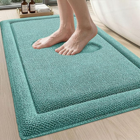DEXI Memory Foam Bath Mat 24x17, Thick Chenille Bathroom Rug, Teal | Ultra Soft Absorbent, Non Slip Quick Dry, Cushion Plush Bath Carpet for Tub Shower, Sink