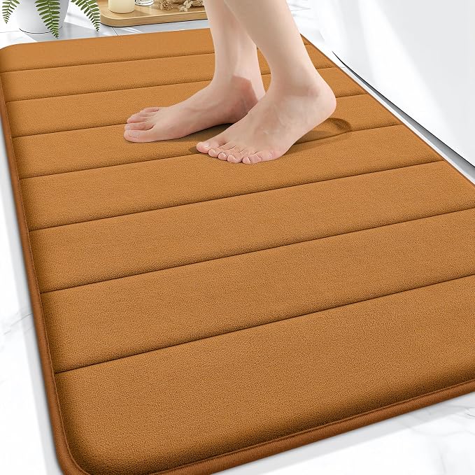 OLANLY Memory Foam Bath Mat 34x21, Super Soft and Absorbent Bathroom Rugs | Ochre, Quick Dry Bath Rug, Machine Washable Shower Floor Mats, Bathmat Carpet for Bathroom Floor, Tub and Shower