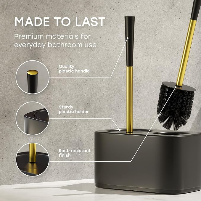 2-in-1 Toilet Bowl Brush and Plunger Set with Caddy – Gold | All-in-one toilet bowl brush and plunger combo with a compact plastic caddy & steel handles in gold