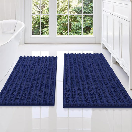 Smiry Bathroom Rugs Sets 2 Piece (34x21+30x20), Extra Soft Bath Mats | Navy Blue Soft Absorbent, Rubber Backing Machine Washable Quick Dry Chenille Bath Rug Set for Tub, Shower, and Floor