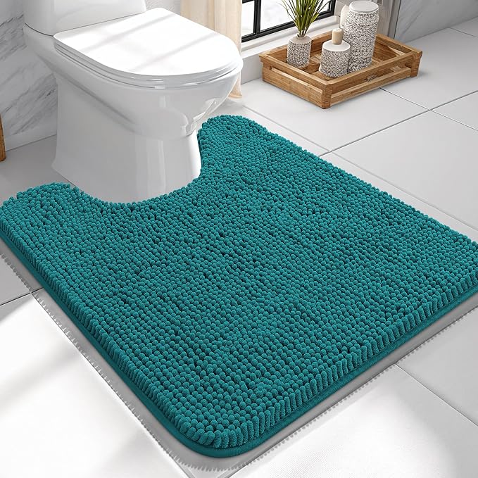 OLANLY Toilet Rugs U-Shaped 24x24, Soft Absorbent Chenille Contour Rugs | Deep Lake, Quick-Drying Rubber Backing, Machine Washable Non-Slip Shaggy Bathroom Mat for Toilet, Home Decor Accessories