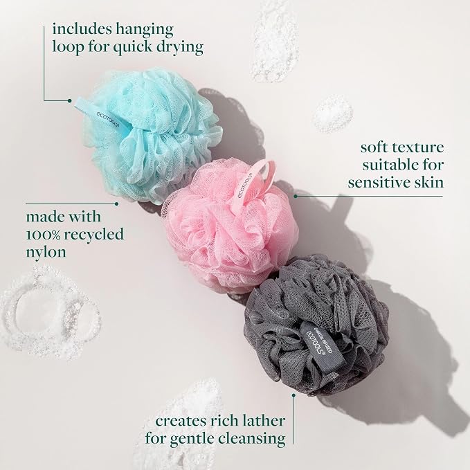 EcoTools EcoPouf 3 Pack Bath Sponge Set, Shower Poufs | Gentle exfoliation daily, shower puff sponges for body, loofah pack, recycled netting, rich lather