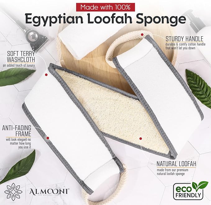ALMOONI Men's Back Scrubber for Shower, Loofah Sponge, Gray, 1 Count | Natural Egyptian Loofah Sponge, Long Back Scrubber, Cotton Handles, Men's Shower Scrubber, Gentle Exfoliation