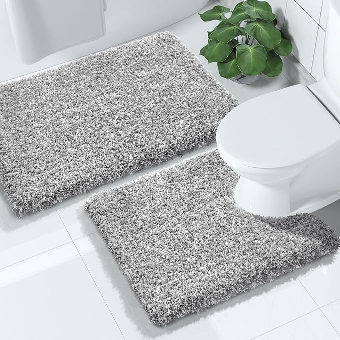 Yimobra Fluffy Bathroom Toilet Rug Set, 32x20+24x20, Light Gray and White | Soft Absorbent Microfiber Bath Mat Set, Non Slip, Machine Washable Quick Dry, Plush Shaggy Shower Rugs for Bathroom Floor