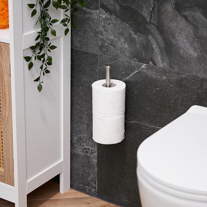 Relaxdays Replacement Roll Holder, Self-Adhesive, 2 Replacement Rolls, H x W x D: 26 x 4.5 x 7.5 cm, Toilet Paper Holder Wall, Silver