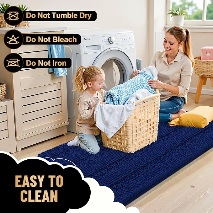 OLANLY Thick Chenille Bathroom Rugs Sets 3 Piece, 36"x24"+24"x16"+24"x20" | Navy, Absorbent Striped Bath Mats and U-Shaped Contour Toilet Rug, Home Decor Accessories, Bath Mat Set for Bathroom