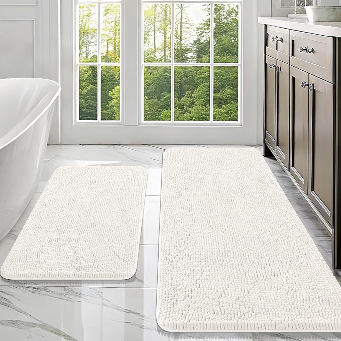 OLANLY Chenille Bathroom Rugs Mats Sets 2 Piece, 47"x20"+30"x20", Ivory | Ultra Soft Absorbent Bath Rugs Set, Rubber Backing Non-Slip, Quick Dry, Machine Washable Bath Carpet, Home Decor Accessories