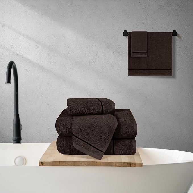 MyOwn Ultra Soft 6 Pack Cotton Towel Set, Contains 2 Bath Towels 28x55 inch, 2 Hand Towels 16x24 inch & 2 Wash Coths 12x12 inch, Ideal Everyday use, Compact & Lightweight - Chocolate Brown