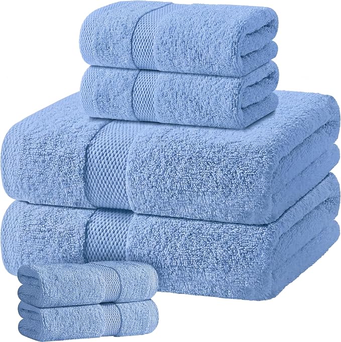 White Classic Light Blue Bath Towel Set of 6-100% Cotton Highly Absorbent Towels for Bathroom, 2 Luxury Bath Towels 650GSM, 2 Hand Towels, 2 Washcloths