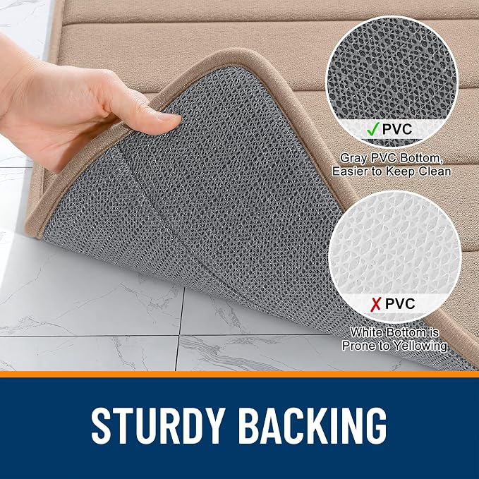 OLANLY Memory Foam Long Bathroom Rugs Runner 44x20, Super Soft Absorbent | Tan, Quick Dry Bath Mat, Machine Washable Shower Floor Rugs, Bathmat Carpet for Bathroom Floor, Tub and Shower
