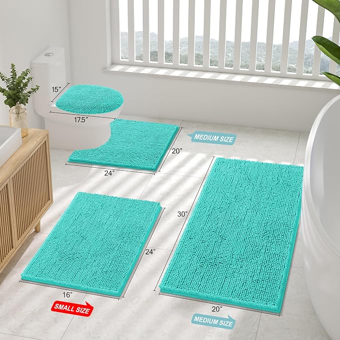 Smiry Chenille Bathroom Rugs Sets 2 Piece (30x20+24x16, Turquoise) | Soft Absorbent Machine Washable Non Slip Shaggy Bath Rug Set for Tub, Shower, and Floor, Home Decor