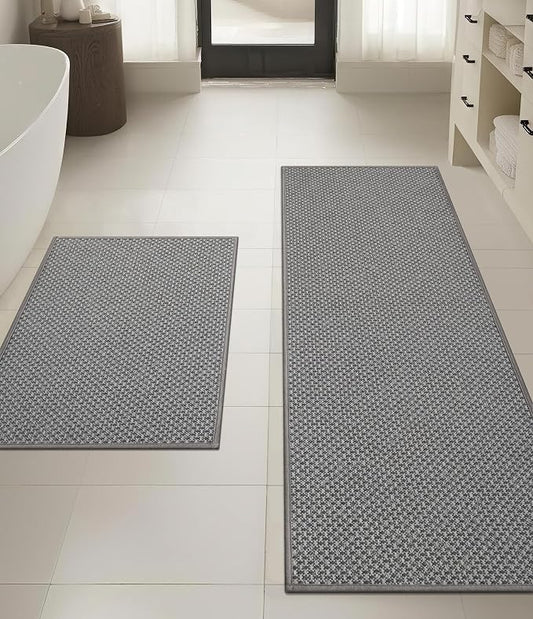 YIHOUSE Thin Bath Mat Grey Bathroom Rugs Sets 2 Pieces, Non Slip Absorbent Mats Quick Dry, Woven Rugs Washable, Tapetes para Baño for Bathroom Toliet,Bathtub(17"x24"+17"x47")