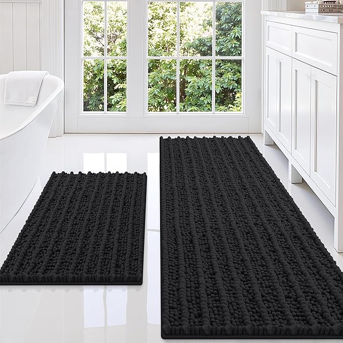 Smiry Bathroom Rugs Sets 2 Piece (59x20+24x16), Extra Soft Bath Mats | Black Soft Absorbent, Rubber Backing Machine Washable Quick Dry Chenille Bath Rug Set for Tub, Shower, and Floor