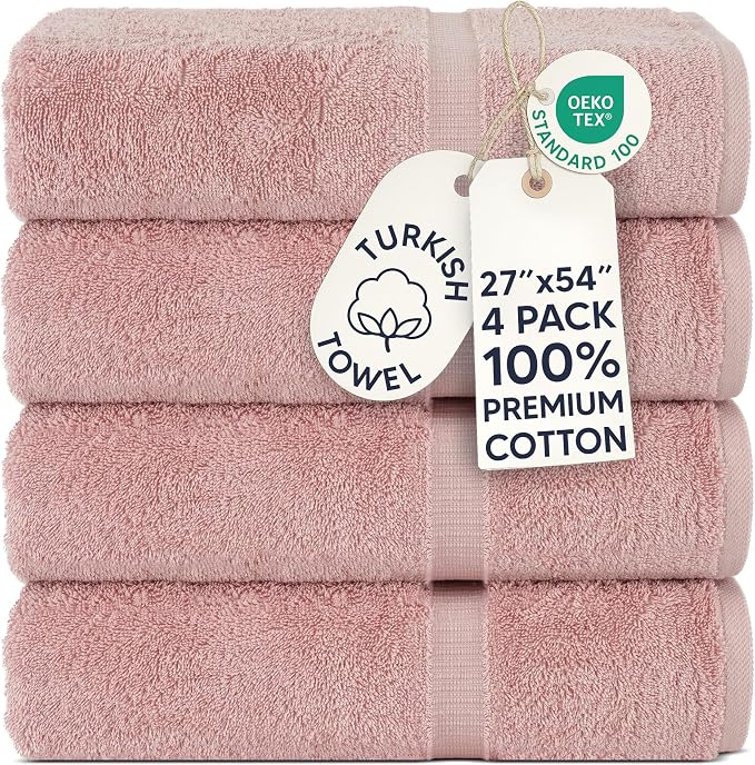 Chakir Turkish Linens 100% Cotton 4-Pack Bath Towels 27x54, Pink | 100% cotton bath towels, set of 4 at 27x54, OEKO-TEX certified, soft plush and absorbent