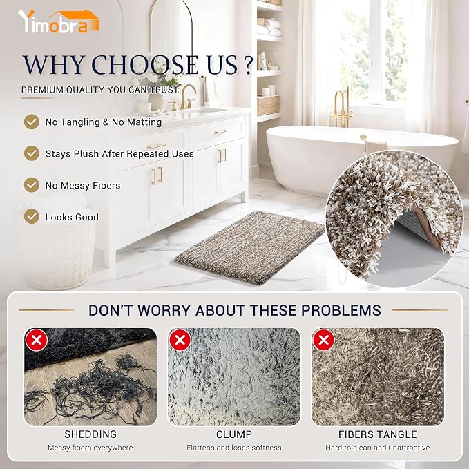 Yimobra Luxury Bathroom Rugs, Fluffy Bath Mats, Non Slip, Water Absorbent Microfiber, Machine Washable, Plush Runner Shower Rugs, Thick Matts for Bathroom Floor&Tub, 47" X 24", Light Brown and White