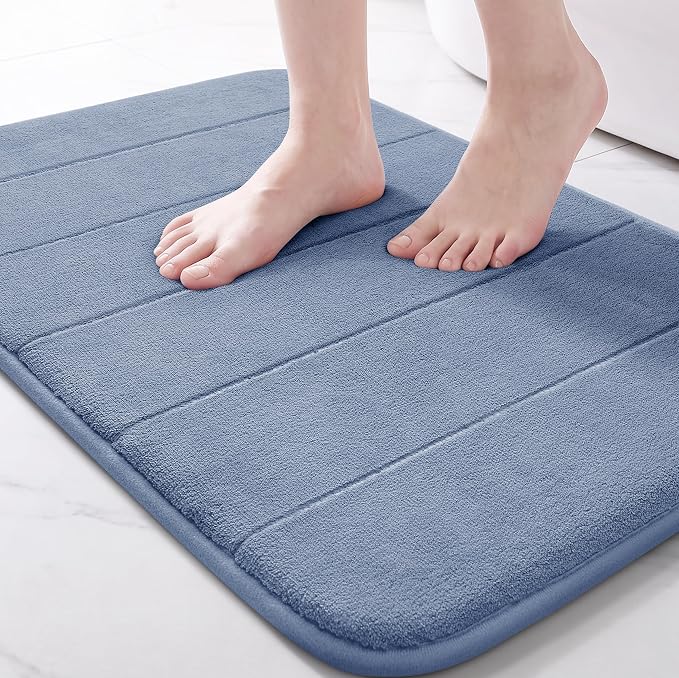 Yimobra Memory Foam Bath Mat, Super Soft Absorbent Bathroom Rug Non Slip, Quick Dry, Machine Washable Floor Carpet for Tub Shower, Home Decor Accessories, 24x17, Denim Blue