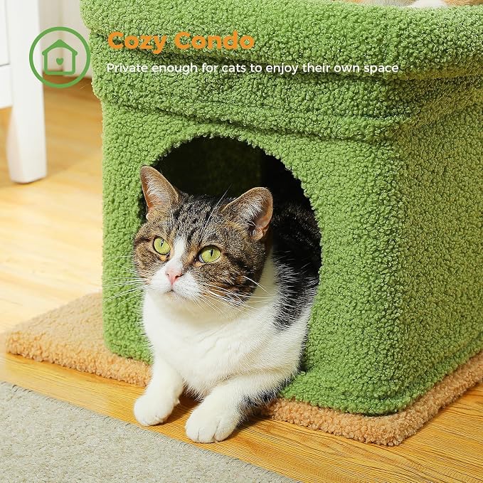 PEQULTI Indoor Cat Tree Tower Small Cats, Sisal Post & Cozy Condo, Green | Private soft cat condo, soft top perch, natural sisal scratch posts, plush pom-pom toy for indoor kitties