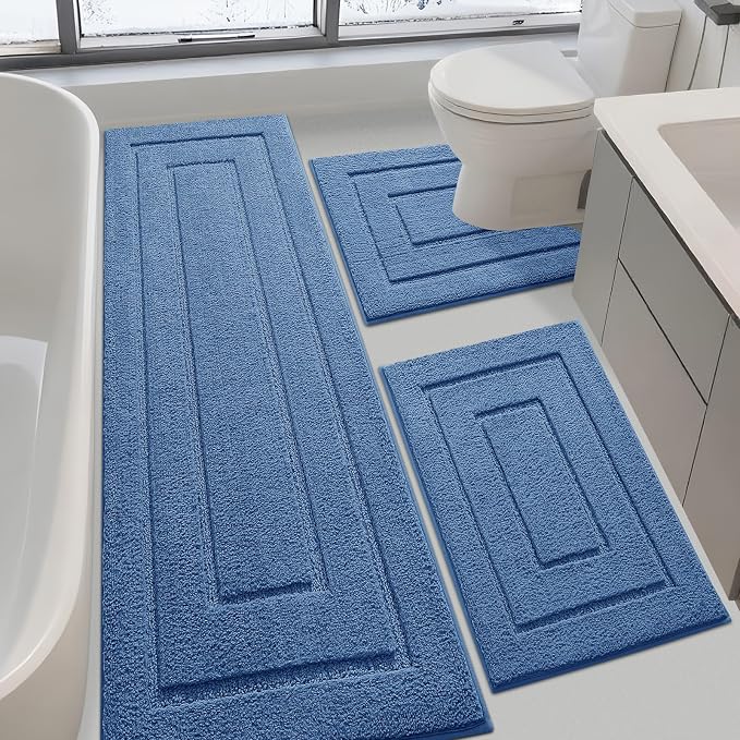 IM HOME Bathroom Rugs Sets 3 Piece, Ultra Soft Plush Fluffy Microfiber Absorbent Bath Mat, Non-Slip Backing, Machine Washable Bath Mats for Bathroom Floor, Tub, Toilet and Shower, Blue/Bordered