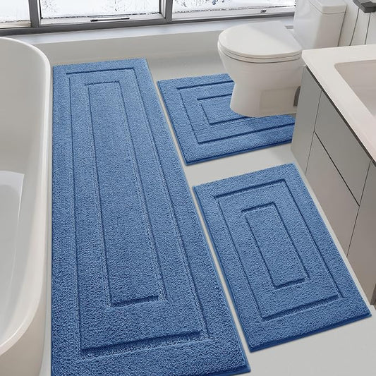IM HOME Bathroom Rugs Sets 3 Piece, Ultra Soft Plush Fluffy Microfiber Absorbent Bath Mat, Non-Slip Backing, Machine Washable Bath Mats for Bathroom Floor, Tub, Toilet and Shower, Blue/Bordered